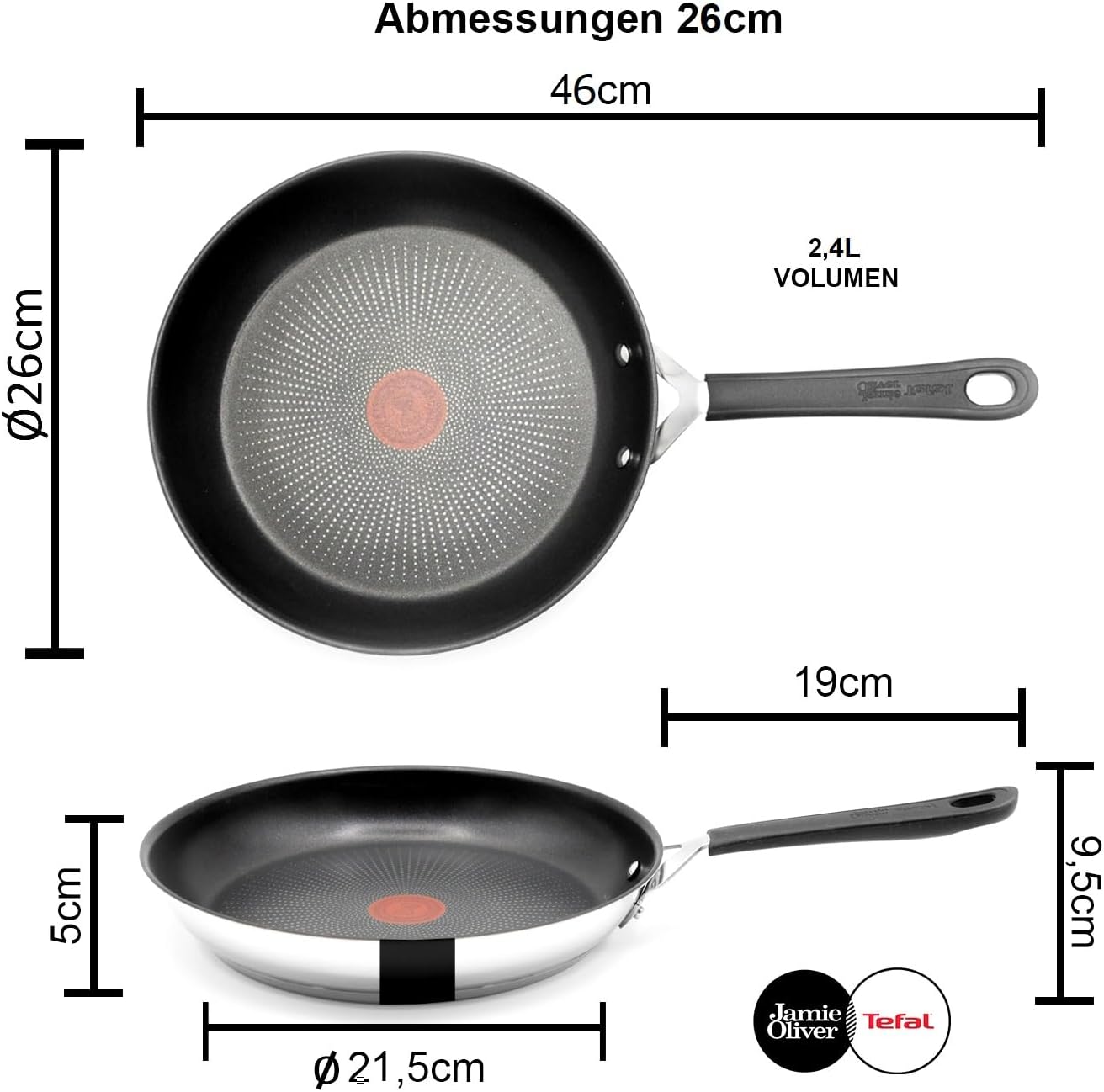 Tefal E30 Jamie Oliver Edelstahl Bratpfanne 26 cm, Antihaftbeschichtet, Induktionsfähig, Ofenfest bis 175°C, Hitzebeständig bis 260°C, Thermo-Signal, Genieteter Edelstahlgriff mit Silikon