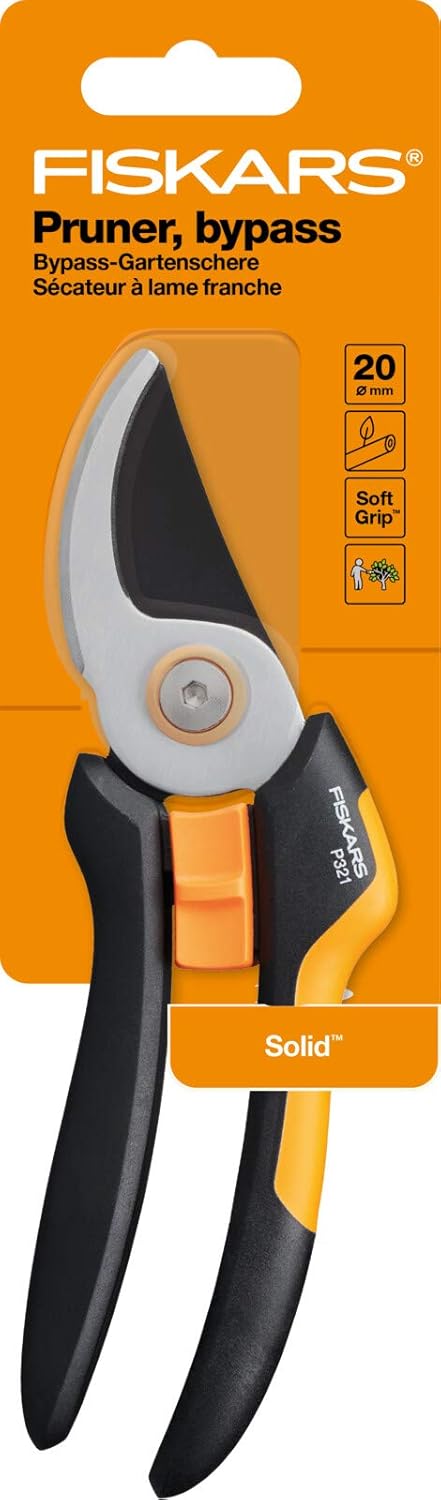 Fiskars Solid Bypass-Gartenschere P321, 20 cm, mit Antihaft-Klinge aus gehärtetem Stahl, für frische Zweige und Rosen, ergonomischer SoftGrip-Griff, Sicherheitsverschluss, Handbetrieb, 167 g