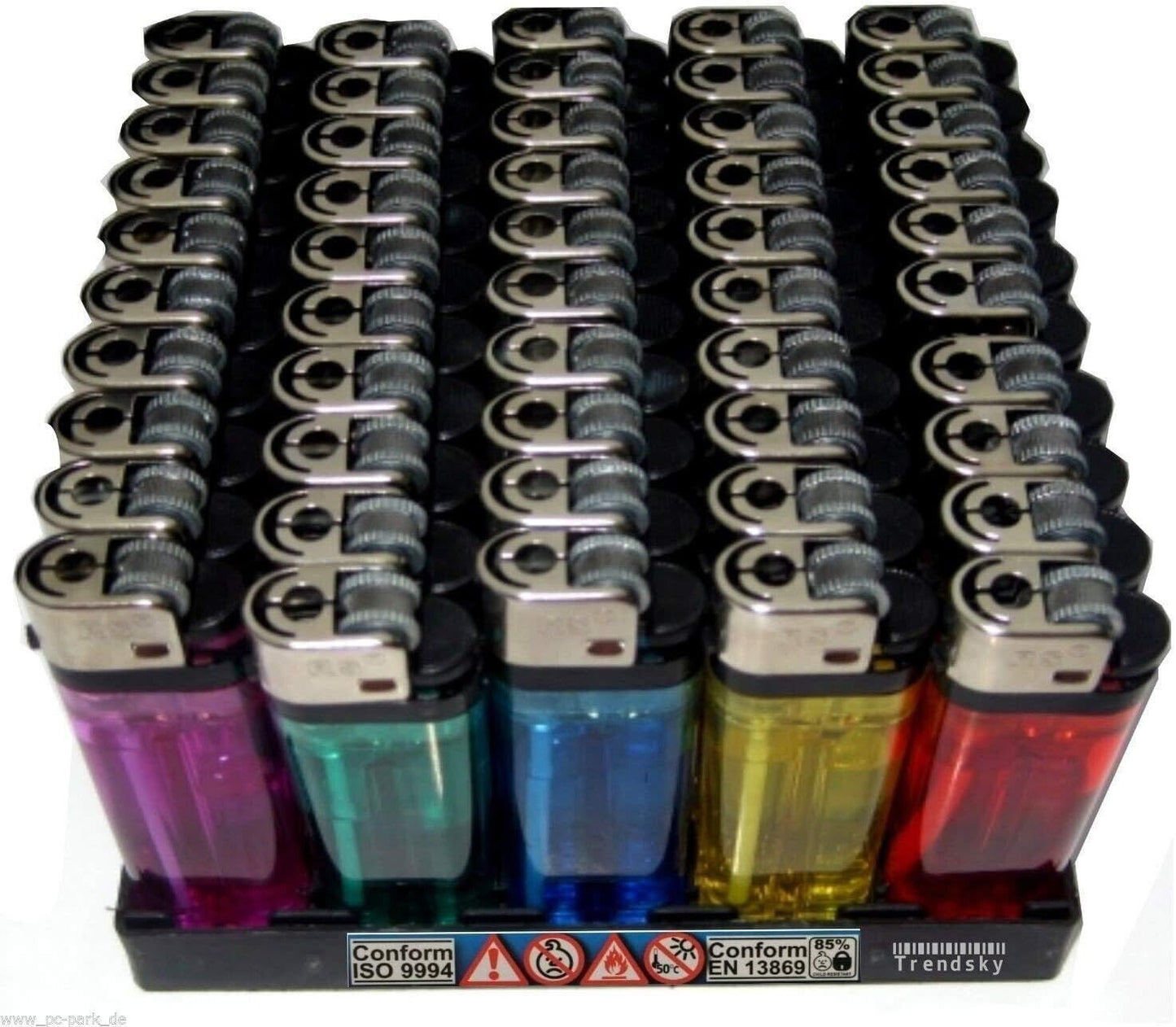 RESCH 100 Stück Einwegfeuerzeuge Reibradfeuerzeuge mit Kindersicherung im Verkaufsdisplay – Einstellbare Flammengröße, Transparente Gasanzeige, Robustes Kunststoffgehäuse – 5 Farben, ideal für Haushalt & Outdoor