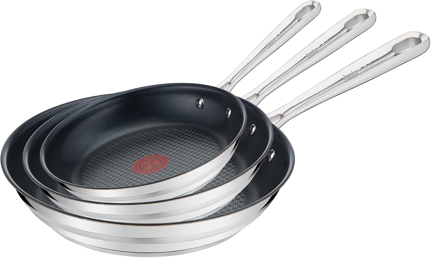 Tefal Jamie Oliver Brushed 3-teiligiges Pfannenset E011S3.VEG | Bestehend aus Pfanne 20cm + 24cm + 28cm | inkl. exklusivem Jamie Oliver Veggie Rezeptheft | Alle Herdarten, auch Induktion | Edelstahl