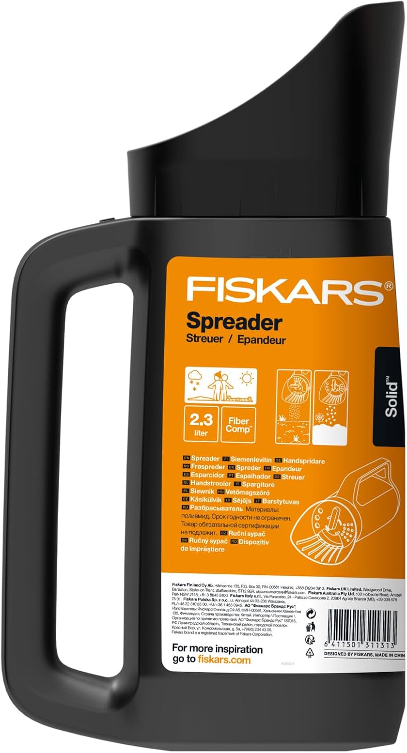 Fiskars Solid Handstreuer 1057076 aus glasfaserverstärktem Kunststoff, für Sand, Salz, Dünger, mit 3-Stufen Dosiersystem, 286 g, wetterfestes Streugerät für Garten, Balkon, Beet, Gewächshaus