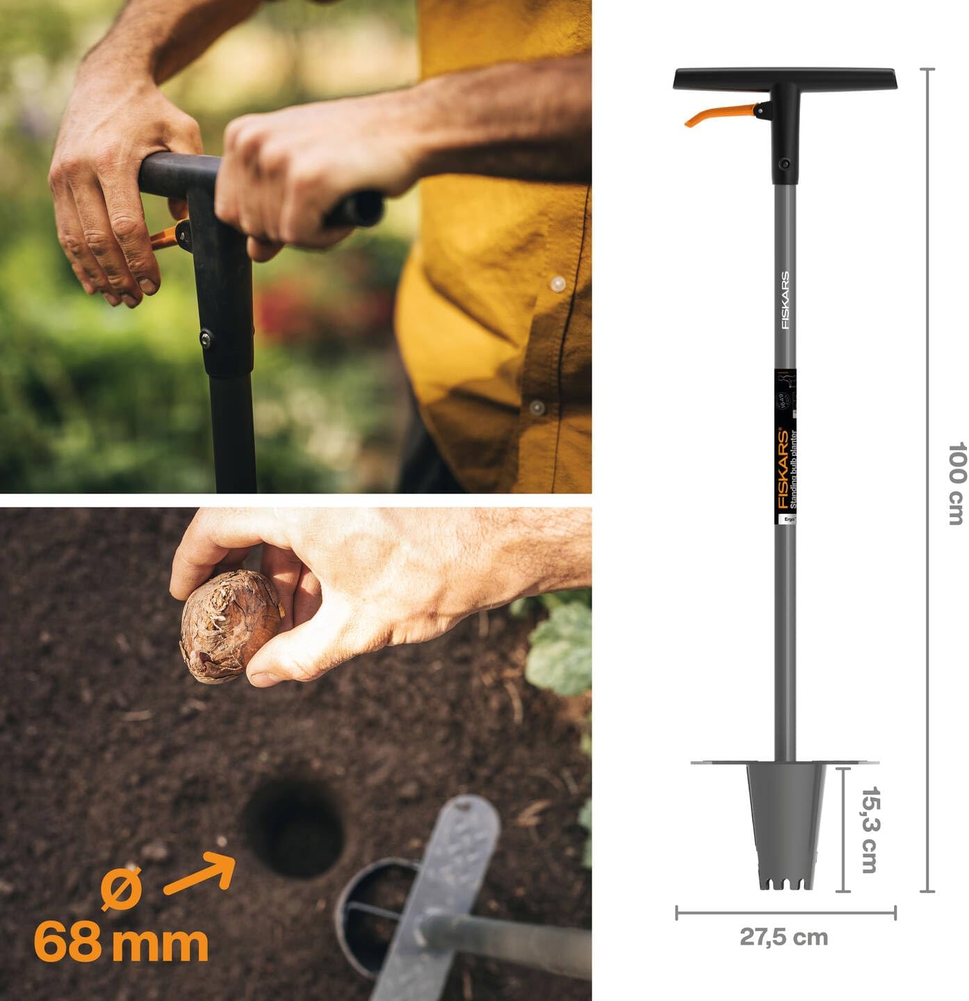 Fiskars Ergo Blumenzwiebel-Pflanzer mit Stiel 1 m, für präzises und komfortables Setzen von Zwiebeln ohne Bücken, gezahnte Grabklinge, rutschfeste Trittfläche, robust, 1,95 kg, 1057078