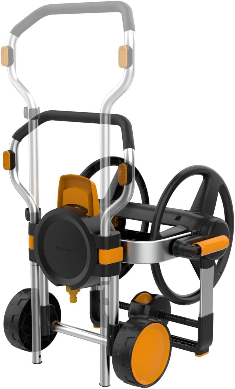 Fiskars Waterwheel XL Manuelle Gartenschlauchtrommel ohne Schlauch – Handbetriebene Trommel mit Rädern, Teleskopgriff, 360° Rotation, Aluminiumgehäuse, leichtes Gartengerät, 4,01 kg, 1062257