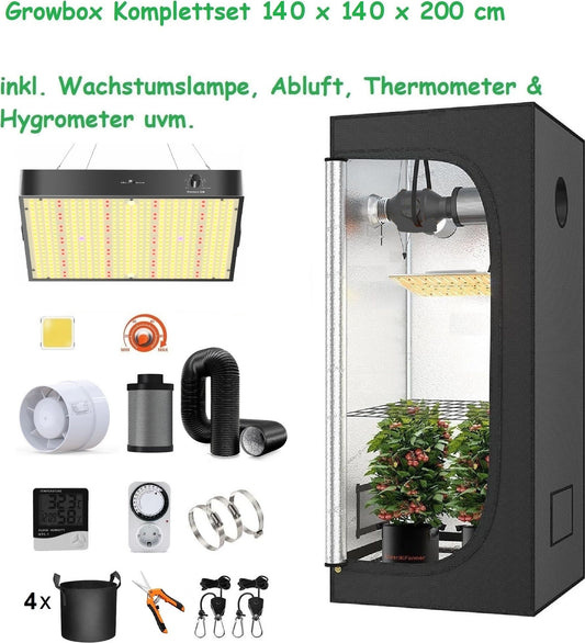 JUNG Growbox Komplettset Anbau Set mit LED Vollspektrum Grow Lampe Dimmbar, 140x140x200 cm, mit Ventilator, Abluft Aktivkohlefilter, Growzelt Anzucht Gewächshaus, Grow Tent Complete Set