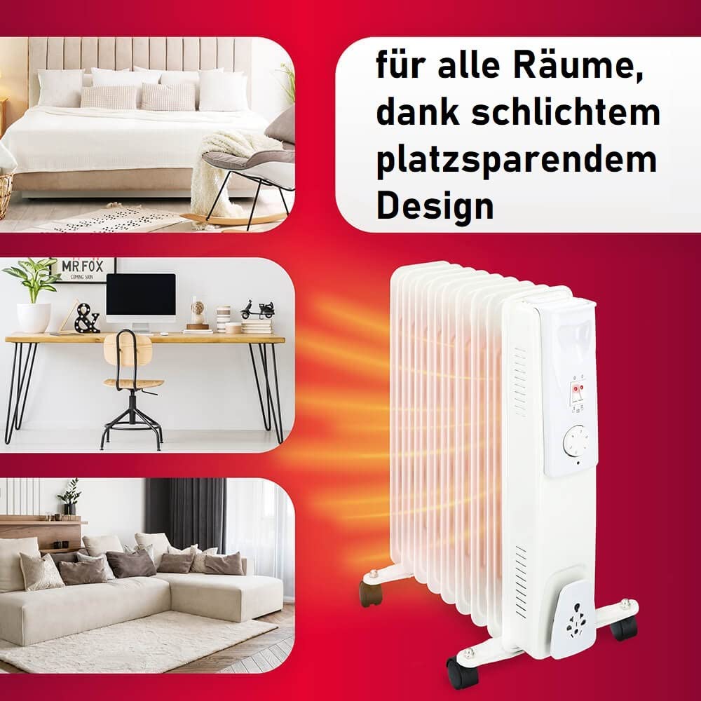 JUNG TECHWOOD Elektrischer Ölradiator 2000W mit Thermostat, 11 Heizlamellen, Energieeffiziente mobile Elektroheizung mit Rollen für Innenräume bis 35 m², Kompakter und Leiser Heizkörper