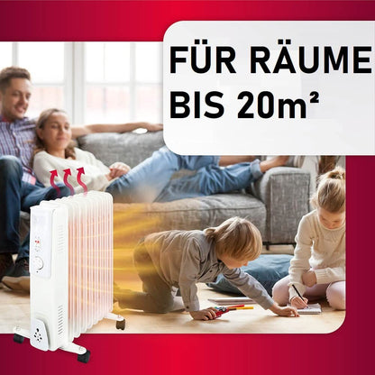 JUNG TECHWOOD Elektrischer Ölradiator 2000W mit Thermostat, 11 Heizlamellen, Energieeffiziente mobile Elektroheizung mit Rollen für Innenräume bis 35 m², Kompakter und Leiser Heizkörper
