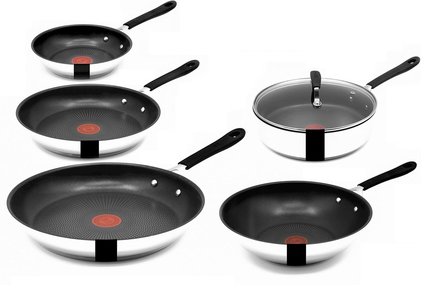 Tefal E30 Jamie Oliver Edelstahl Pfannenset, 20 cm, 24 cm, 28 cm, Wok 28 cm, Schmorpfanne 25 cm mit Deckel, Induktionsgeeignet, Antihaftbeschichtet, Edelstahlpfannen Set mit Thermo-Signal-Technologie