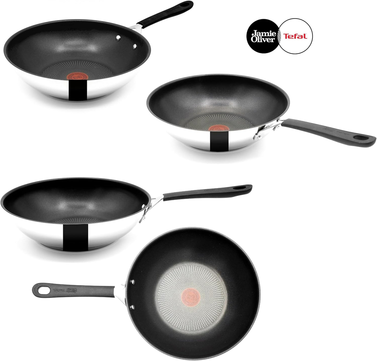 Tefal E30 Jamie Oliver Edelstahl Pfannenset, 20 cm, 24 cm, 28 cm, Wok 28 cm, Schmorpfanne 25 cm mit Deckel, Induktionsgeeignet, Antihaftbeschichtet, Edelstahlpfannen Set mit Thermo-Signal-Technologie