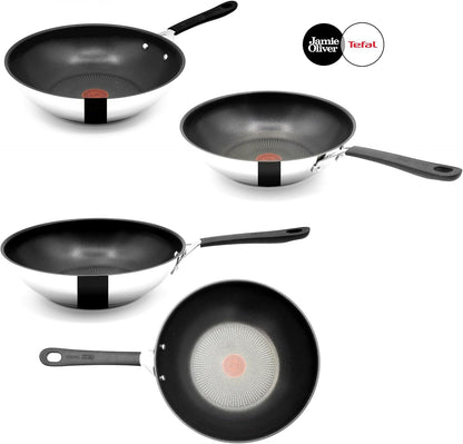 Tefal E30 Jamie Oliver Edelstahl Pfannenset, 20 cm, 24 cm, 28 cm, Wok 28 cm, Schmorpfanne 25 cm mit Deckel, Induktionsgeeignet, Antihaftbeschichtet, Edelstahlpfannen Set mit Thermo-Signal-Technologie