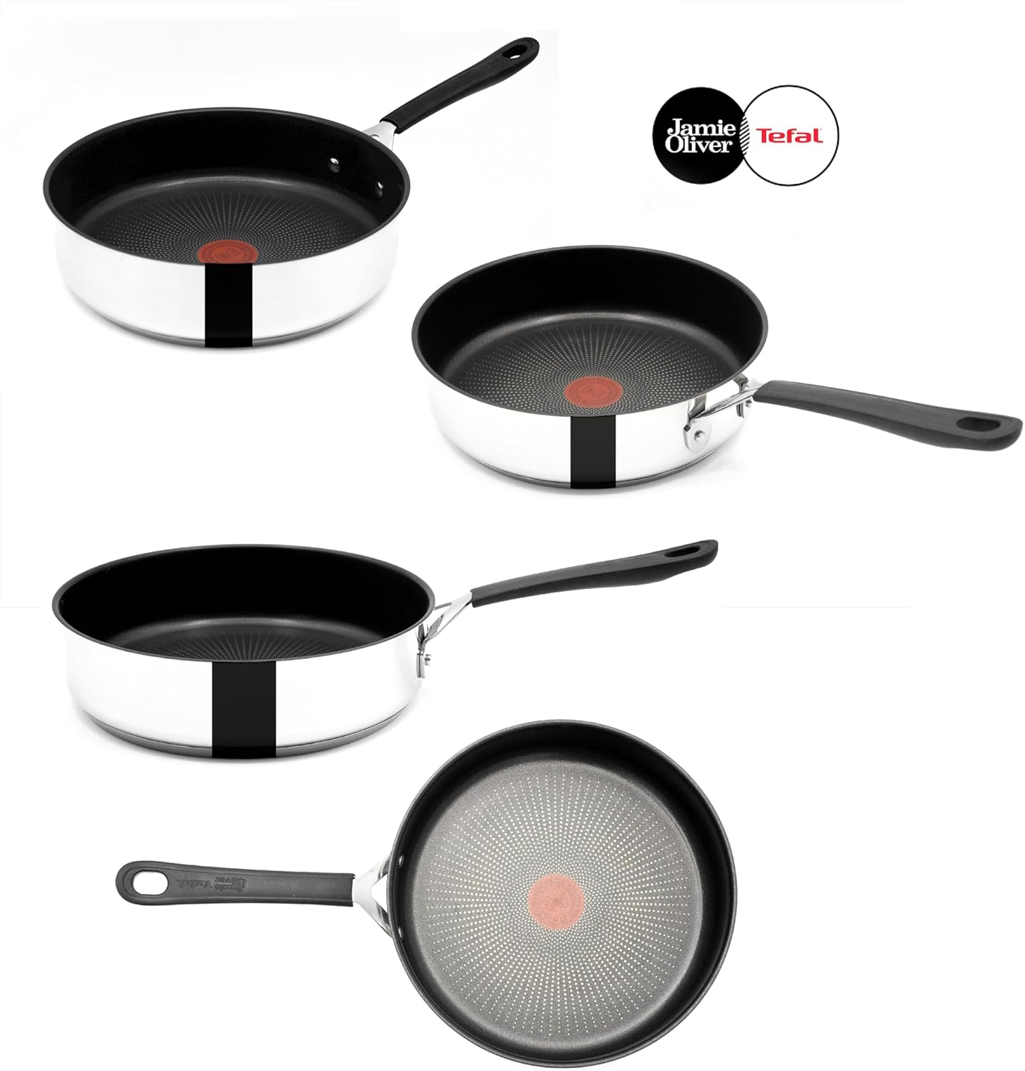 Tefal E30 Jamie Oliver Edelstahl Pfannenset, 20 cm, 24 cm, 28 cm, Wok 28 cm, Schmorpfanne 25 cm mit Deckel, Induktionsgeeignet, Antihaftbeschichtet, Edelstahlpfannen Set mit Thermo-Signal-Technologie