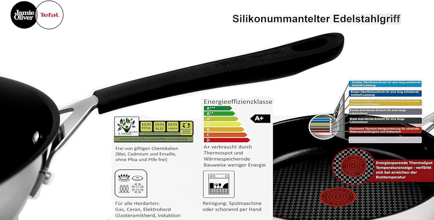 Tefal E30 Jamie Oliver Edelstahl Pfannenset, 20 cm, 24 cm, 28 cm, Wok 28 cm, Schmorpfanne 25 cm mit Deckel, Induktionsgeeignet, Antihaftbeschichtet, Edelstahlpfannen Set mit Thermo-Signal-Technologie