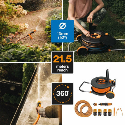 Fiskars Waterwheel M All-Inclusive Gartenschlauch Komplett-Set mit 20m Auslassschlauch, Schlauchtrommel, Wagen, Teleskopgriff, Bewässerungssystem für Garten, Ø13 mm Schlauch, 5,6 kg, Schwarz/Orange