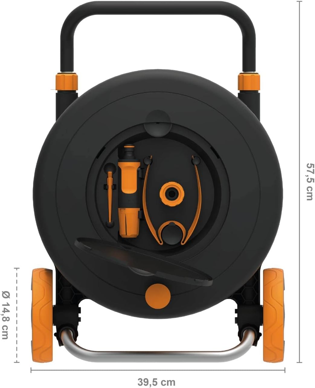 Fiskars Waterwheel M All-Inclusive Gartenschlauch Komplett-Set mit 20m Auslassschlauch, Schlauchtrommel, Wagen, Teleskopgriff, Bewässerungssystem für Garten, Ø13 mm Schlauch, 5,6 kg, Schwarz/Orange