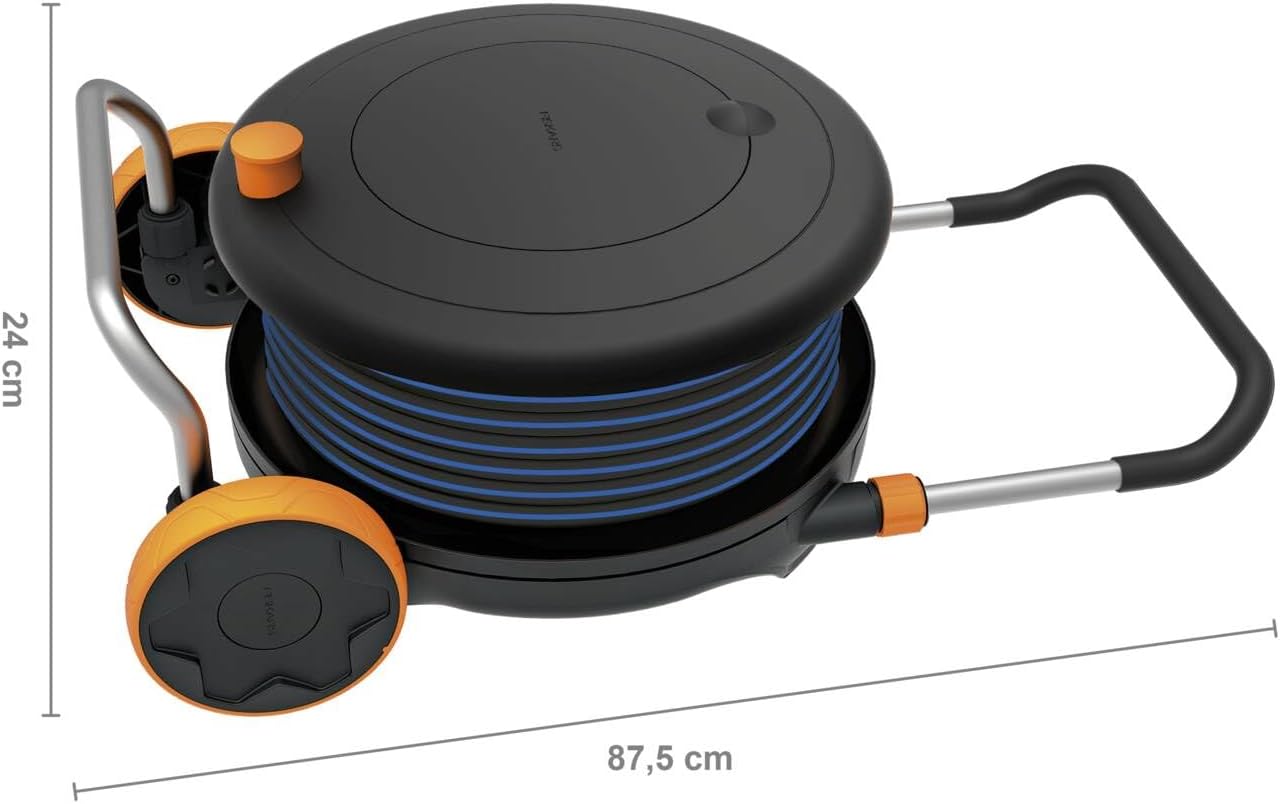 Fiskars Waterwheel M All-Inclusive Gartenschlauch Komplett-Set mit 20m Auslassschlauch, Schlauchtrommel, Wagen, Teleskopgriff, Bewässerungssystem für Garten, Ø13 mm Schlauch, 5,6 kg, Schwarz/Orange