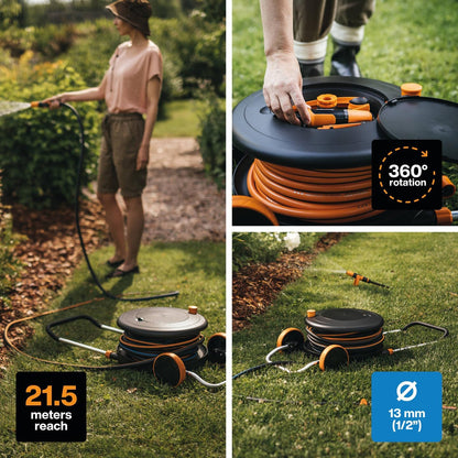 Fiskars Waterwheel M All-Inclusive Gartenschlauch Komplett-Set mit 20m Auslassschlauch, Schlauchtrommel, Wagen, Teleskopgriff, Bewässerungssystem für Garten, Ø13 mm Schlauch, 5,6 kg, Schwarz/Orange