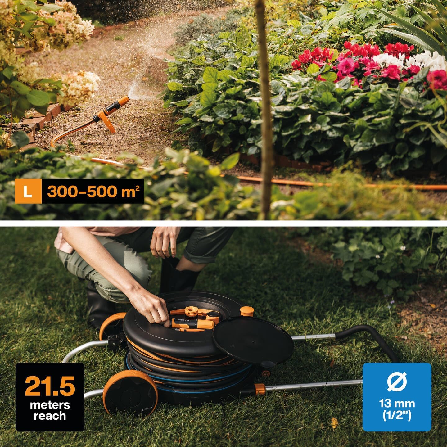 Fiskars Waterwheel M All-Inclusive Gartenschlauch Komplett-Set mit 20m Auslassschlauch, Schlauchtrommel, Wagen, Teleskopgriff, Bewässerungssystem für Garten, Ø13 mm Schlauch, 5,6 kg, Schwarz/Orange