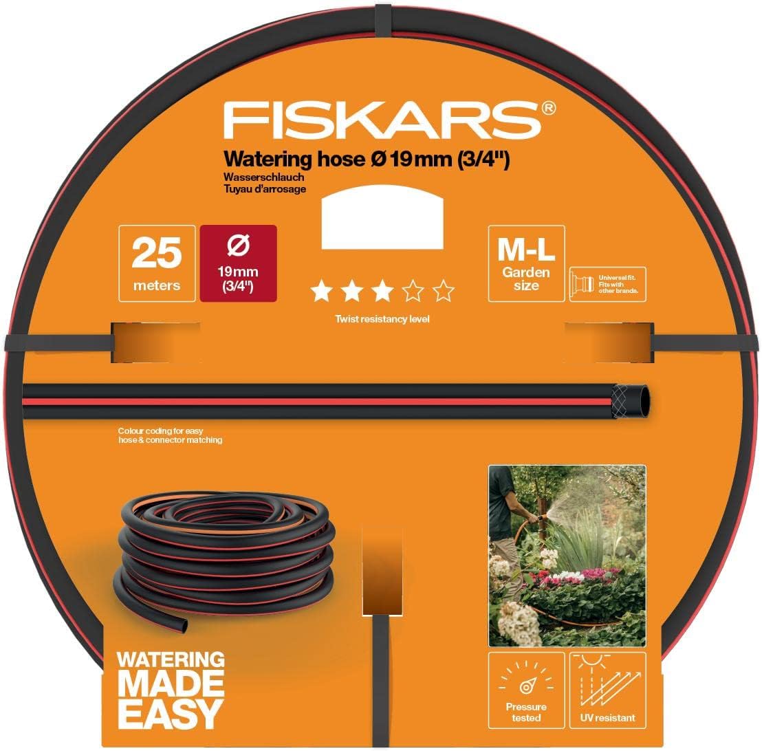 Fiskars Wasserschlauch M-L 25 m, Robuster Gartenschlauch 3/4'', Druckgeprüft, UV-beständig, Verwindungssteif, Phthalatfrei, Hochwertiger Kunststoff Wasserschlauch für Garten, 5 kg, Schwarz/Rot