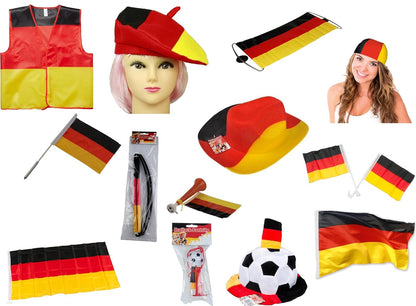 JUNG Fanpaket 33tlg Deutschland Set für Damen Herren Kinder – Fanartikel EM 2024 mit Fahnen, Hüten, Tröten, Autozubehör, LED-Fahne, Airhorn, Wimpelketten, Perücke, Fußball Fanbox
