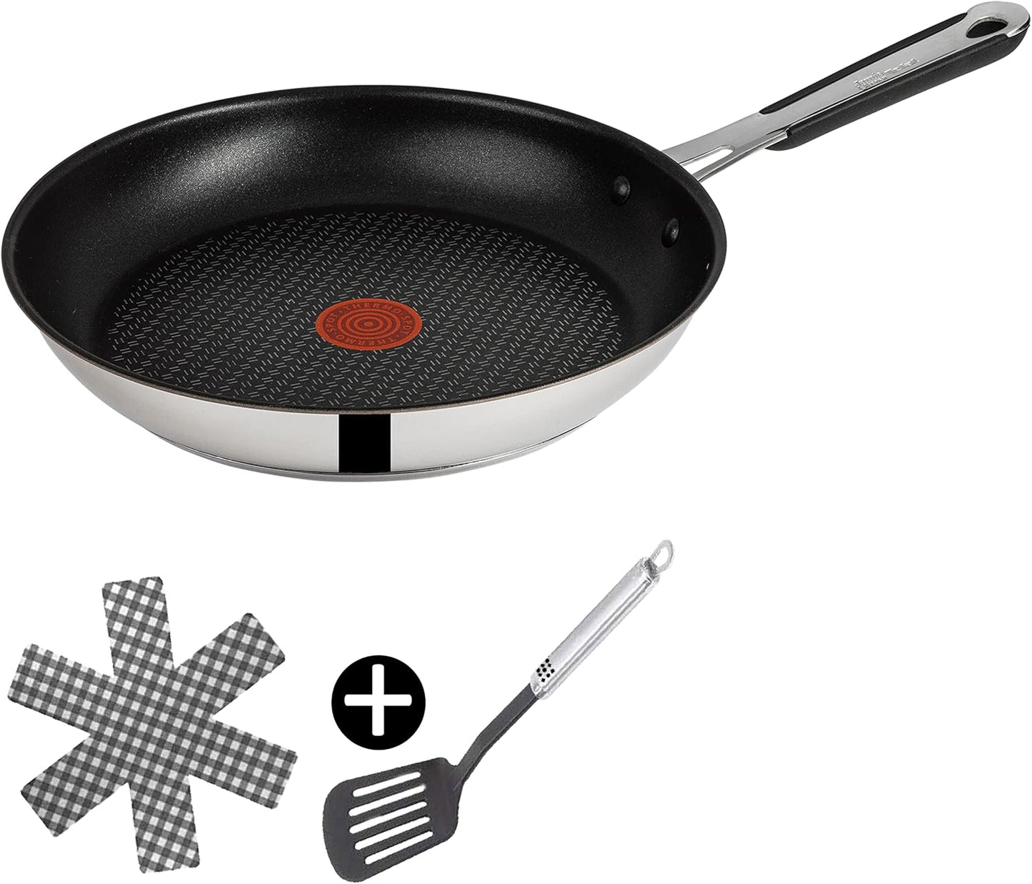 Tefal E30 Jamie Oliver Set 2 Pfanne 24 cm Induktionspfanne, Antihaftbeschichtung Titanium Excellence, ThermoSpot, Edelstahl, spülmaschinenfest, 3-teiliges Set mit Pfannenwender und Pfannenschoner