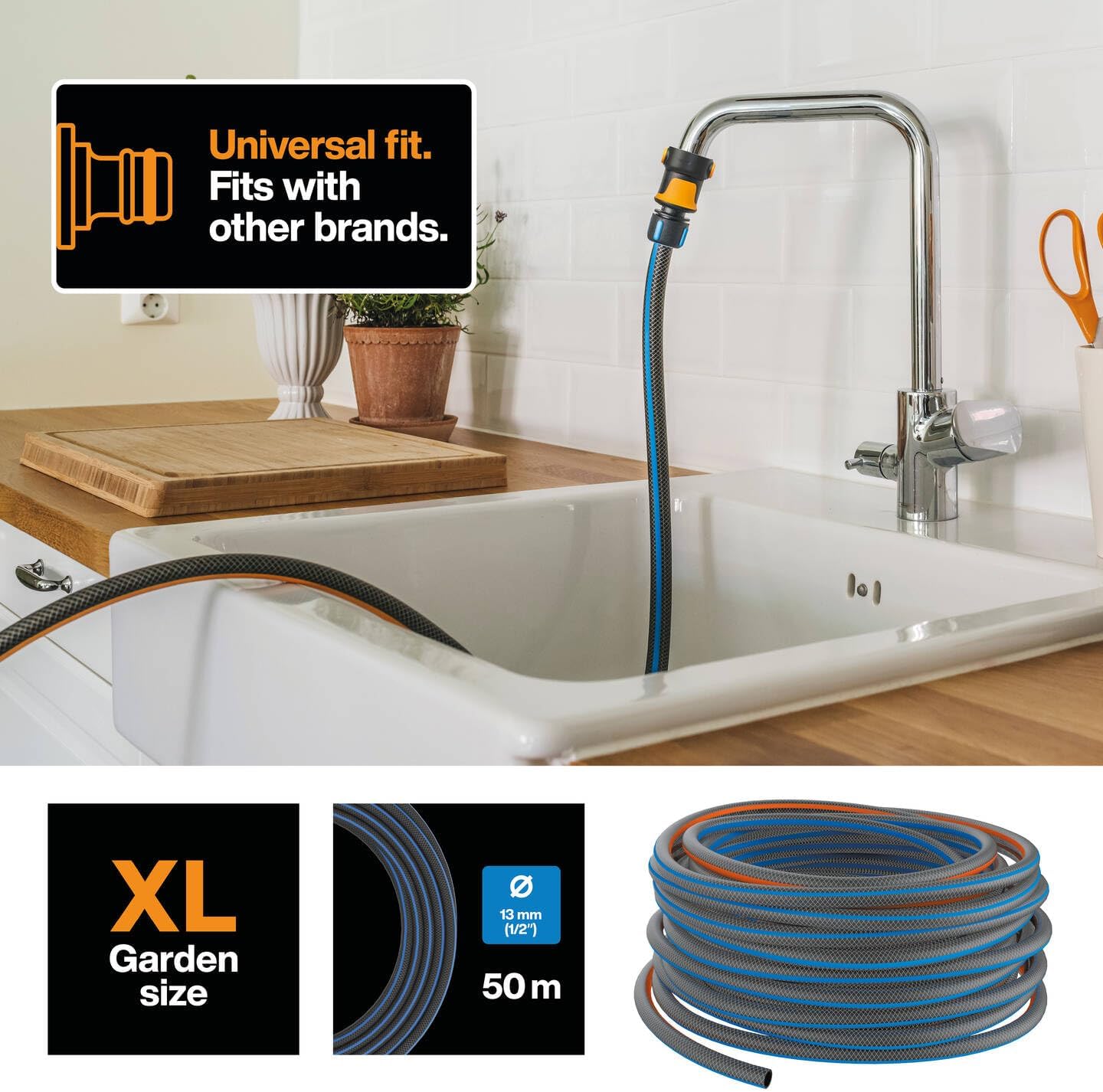 Fiskars Wasserschlauch XL 50 m, Schwerer Gartenschlauch für Gartenbewässerung, UV-beständig, Druckgeprüft, Hohe Verwindungssteifigkeit, 7 kg Kunststoff Wasserschlauch, Phthalatfrei, Ø 1,3 cm (1/2''), Schwarz/Orange/Blau