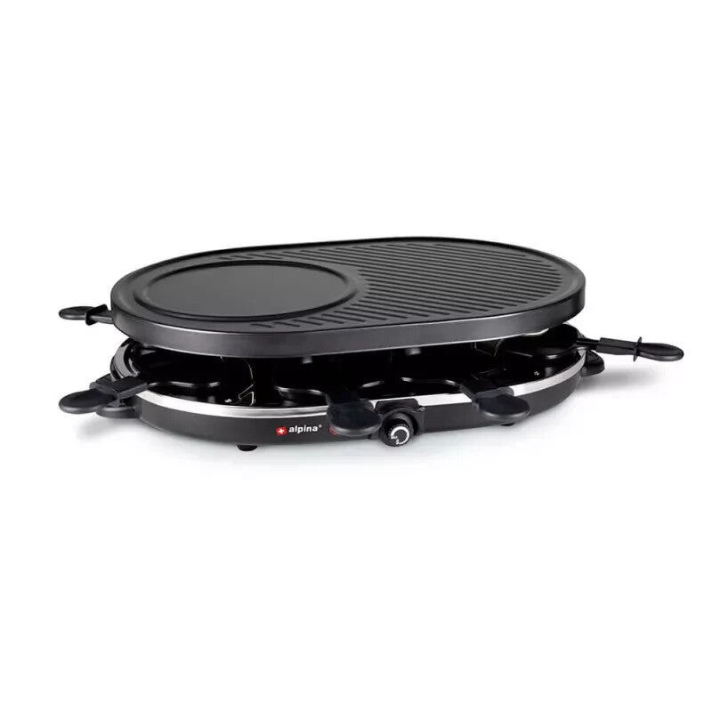 ALPINA Raclette-Eisengrill Gourmet Partygrill für 8 Personen mit Antihaftbeschichtung, 1200 Watt Leistung, Abnehmbare Grillplatte, 8 Raclette-Pfännchen, 8 Spatel, Hitzebeständiges Gehäuse, Kompaktes Design