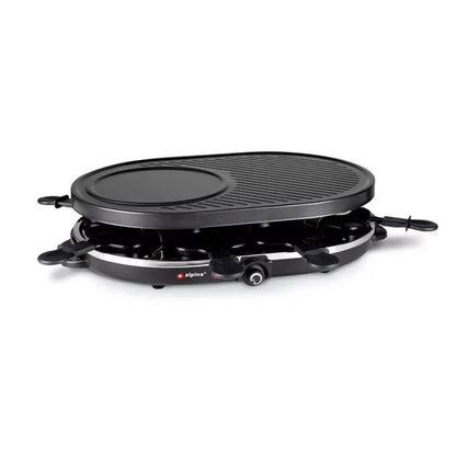 ALPINA Raclette-Eisengrill Gourmet Partygrill für 8 Personen mit Antihaftbeschichtung, 1200 Watt Leistung, Abnehmbare Grillplatte, 8 Raclette-Pfännchen, 8 Spatel, Hitzebeständiges Gehäuse, Kompaktes Design