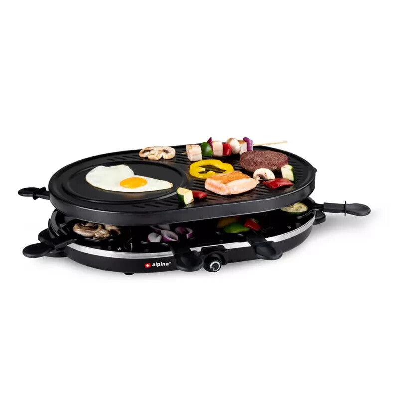 ALPINA Raclette-Eisengrill Gourmet Partygrill für 8 Personen mit Antihaftbeschichtung, 1200 Watt Leistung, Abnehmbare Grillplatte, 8 Raclette-Pfännchen, 8 Spatel, Hitzebeständiges Gehäuse, Kompaktes Design