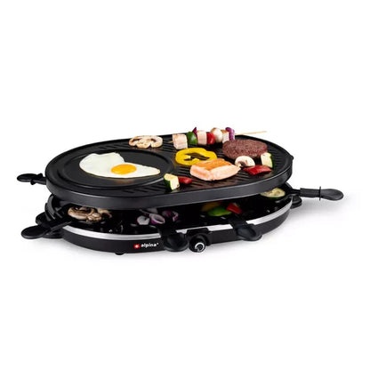 ALPINA Raclette-Eisengrill Gourmet Partygrill für 8 Personen mit Antihaftbeschichtung, 1200 Watt Leistung, Abnehmbare Grillplatte, 8 Raclette-Pfännchen, 8 Spatel, Hitzebeständiges Gehäuse, Kompaktes Design