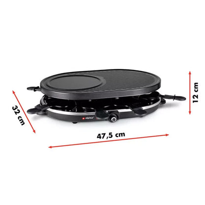 ALPINA Raclette-Eisengrill Gourmet Partygrill für 8 Personen mit Antihaftbeschichtung, 1200 Watt Leistung, Abnehmbare Grillplatte, 8 Raclette-Pfännchen, 8 Spatel, Hitzebeständiges Gehäuse, Kompaktes Design