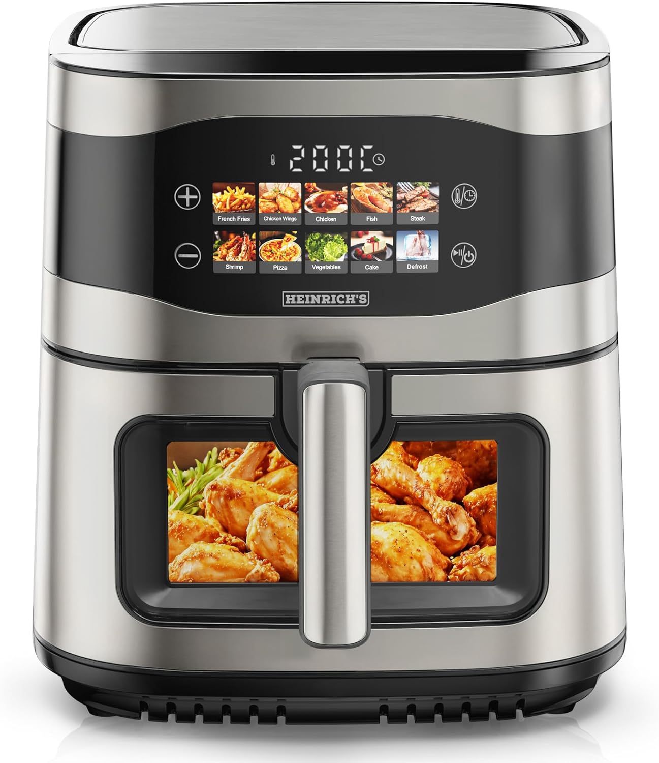 HEINRICHS Heißluftfritteuse, 9 Liter XXL Air Fryer, 10in1 Heißluftfritteuse, LED-Display mit Sensor-Touch Bedienung, fettfreie Zubereitung, inkl. Timer, platzsparend, spülmaschinenfester Korb, 1800W