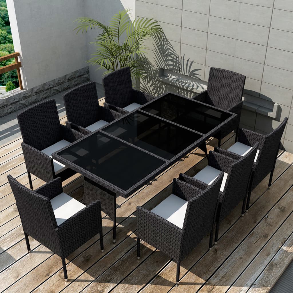 JUNG Vida 9-tlg. Garten-Essgruppe mit Kissen Poly Rattan Schwarz