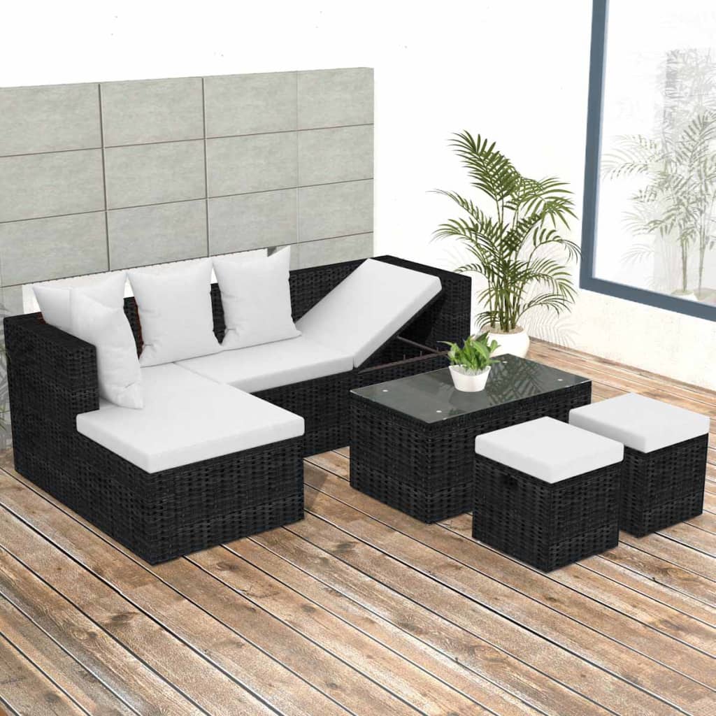 JUNG Vida 4-tlg. Garten-Lounge-Set mit Auflagen Poly Rattan Schwarz