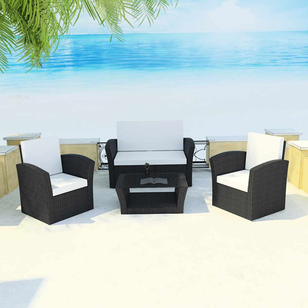 JUNG Vida 4-tlg. Garten-Lounge-Set mit Kissen Poly Rattan Schwarz