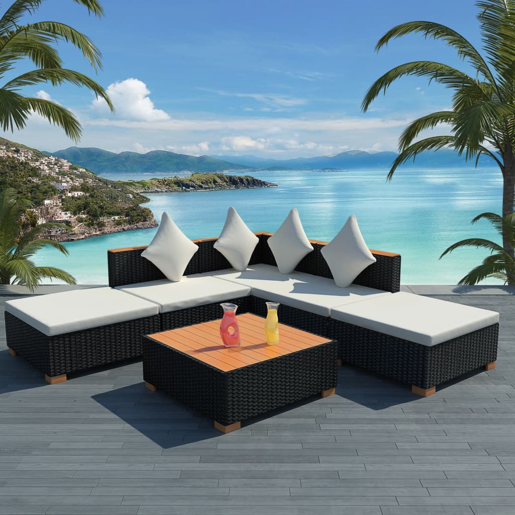 JUNG Vida 6-tlg. Garten-Lounge-Set mit Auflagen Poly Rattan Schwarz