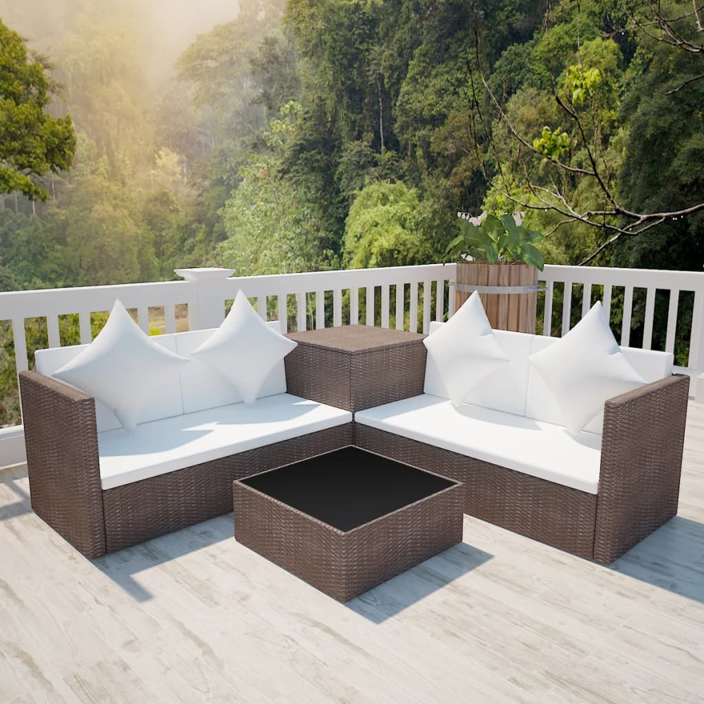 JUNG Vida 4-tlg. Garten-Lounge-Set mit Auflagen Poly Rattan Braun