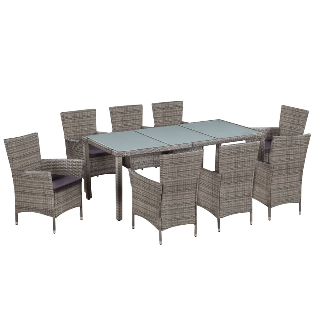 JUNG Vida 9-tlg. Garten-Essgruppe mit Auflagen Poly Rattan Grau