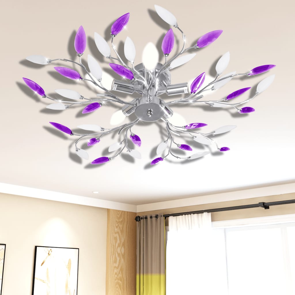 JUNG Vida Deckenlampe Lila und weiße Blätterranken mit Acryl-Blättern 5x E14