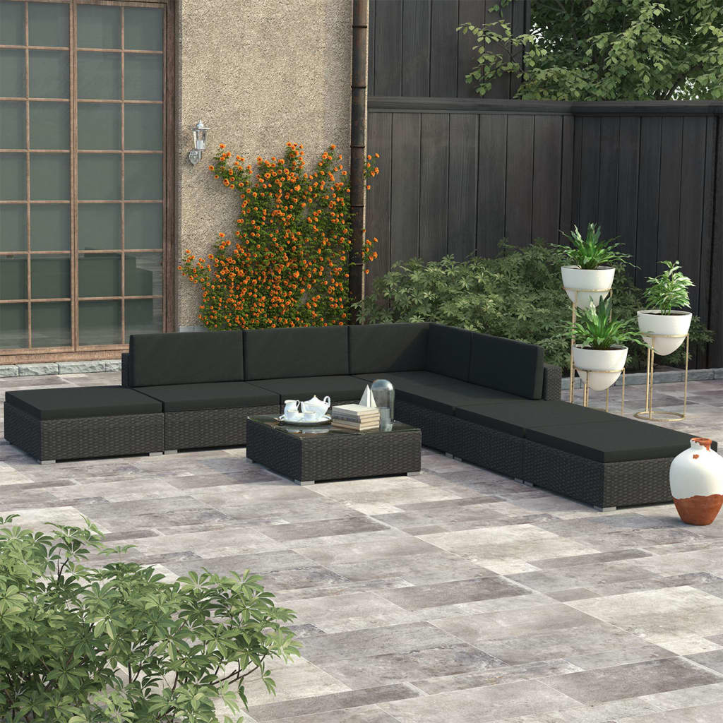 JUNG Vida 8-tlg. Garten-Lounge-Set mit Auflagen Poly Rattan Schwarz