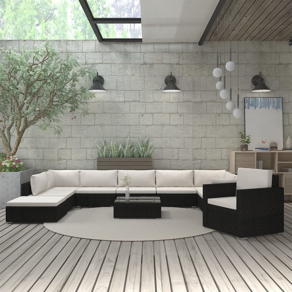 JUNG Vida 11-tlg. Garten-Lounge-Set mit Auflagen Poly Rattan Schwarz