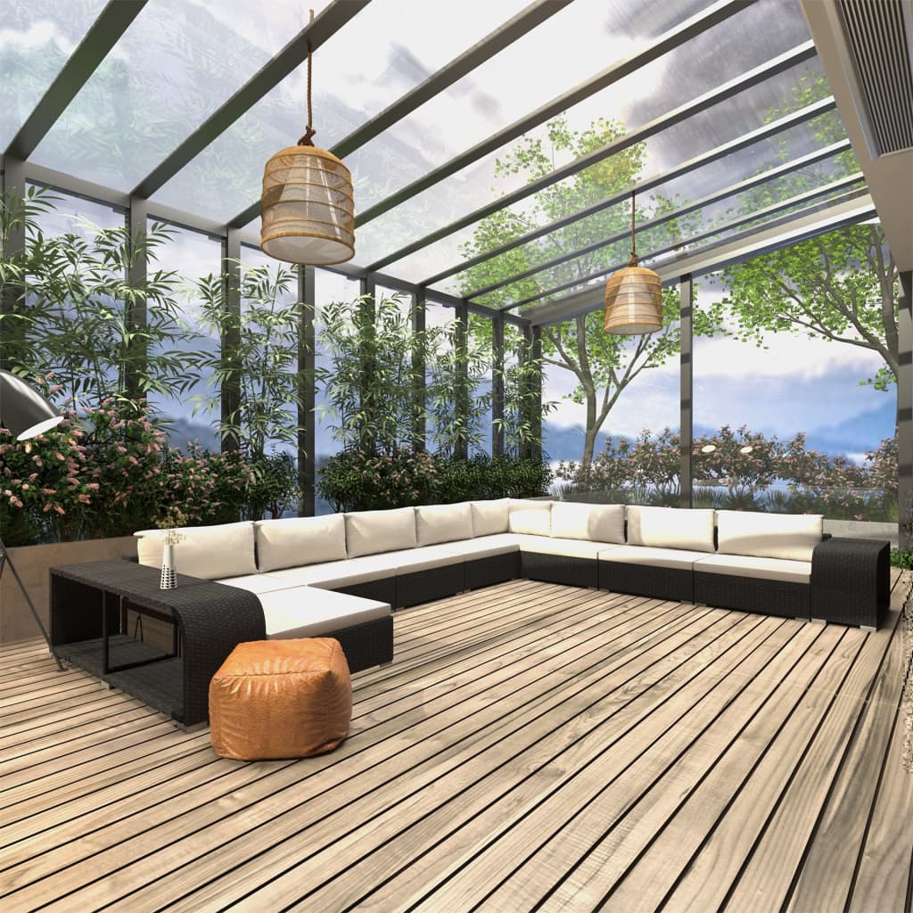 JUNG Vida 11-tlg. Garten-Lounge-Set mit Auflagen Poly Rattan Schwarz