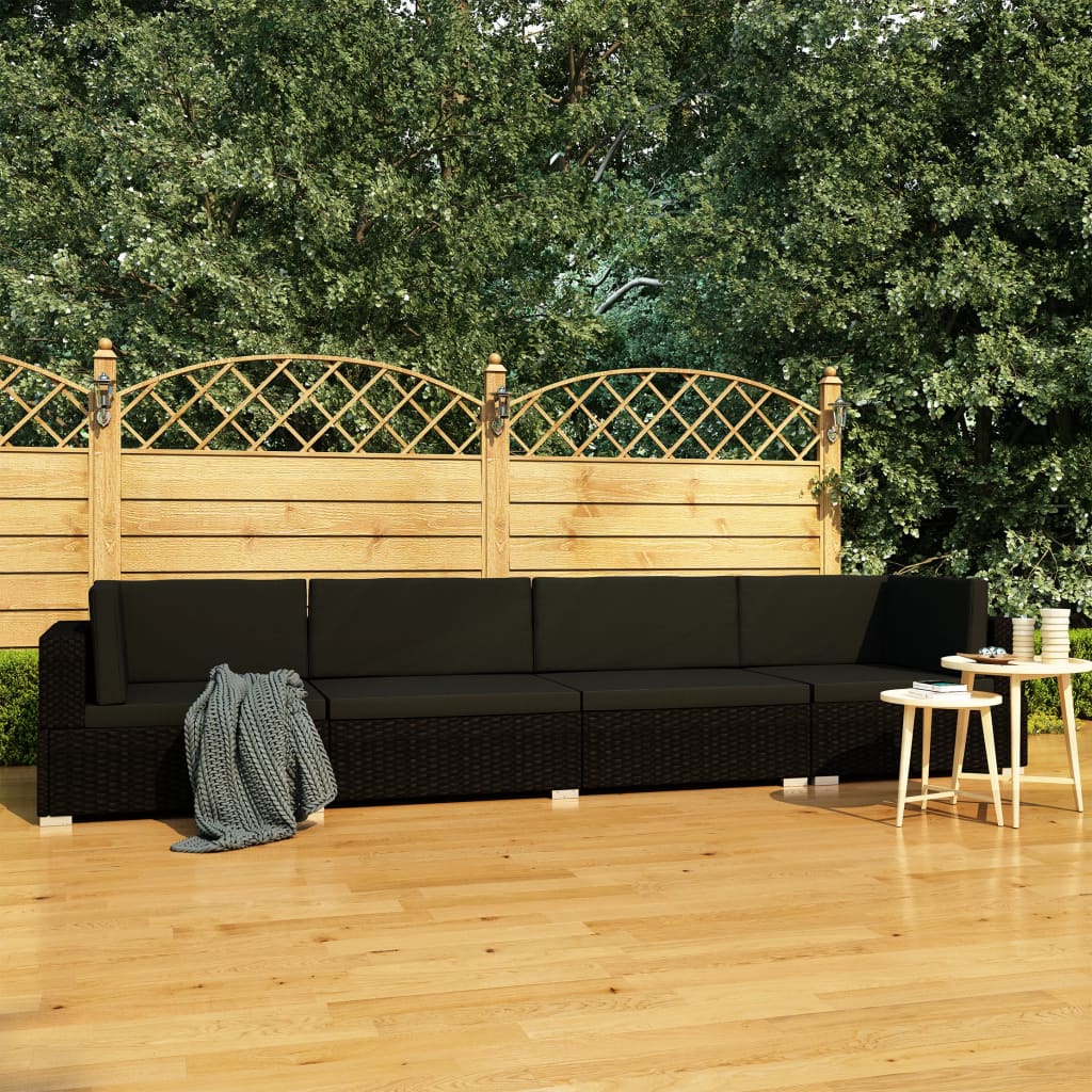 JUNG Vida 4-tlg. Garten-Sofagarnitur mit Auflagen Poly Rattan Schwarz