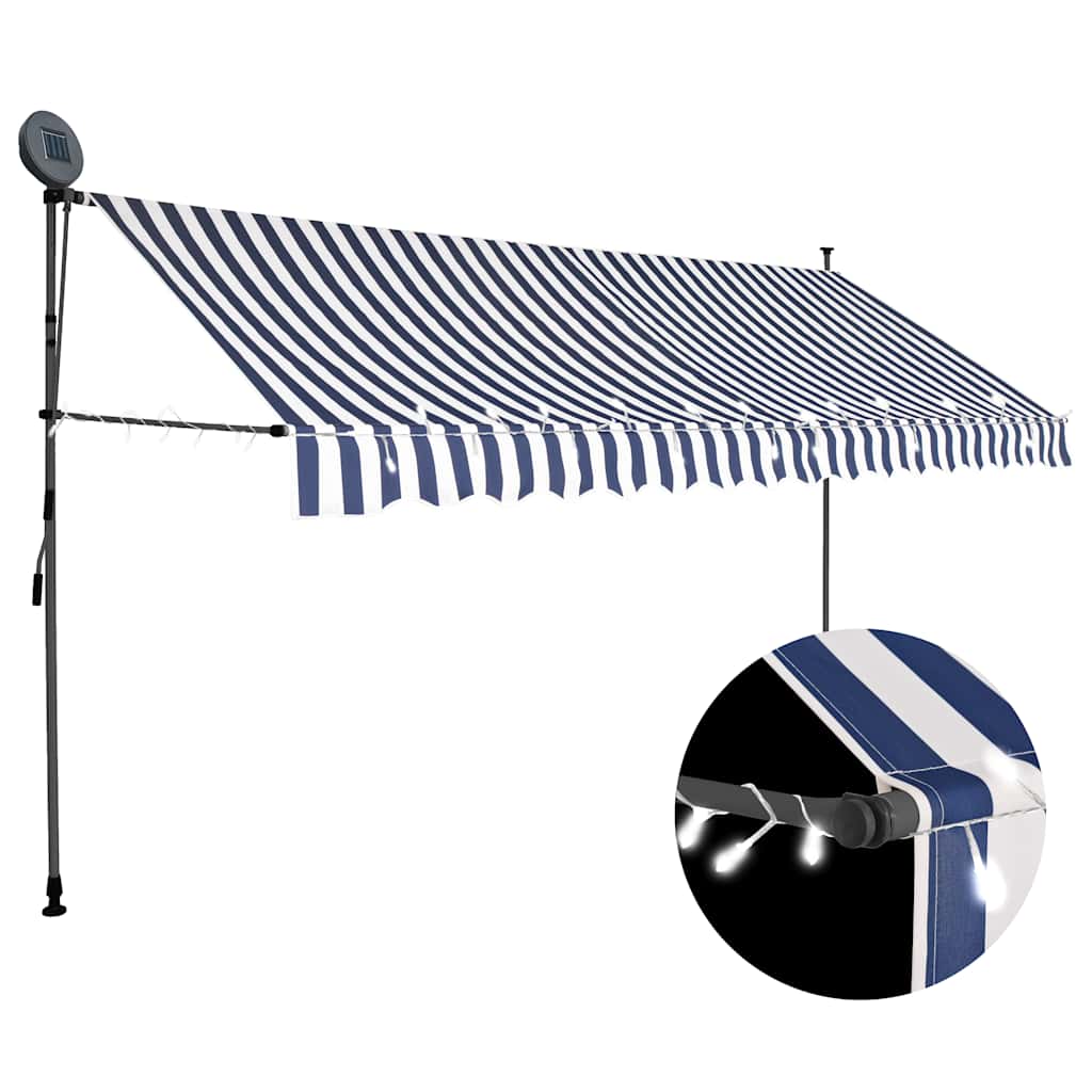 JUNG Vida Einziehbare Markise Handbetrieben mit LED 350 cm Blau und Weiß