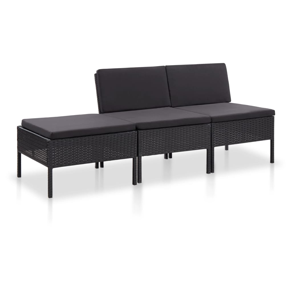JUNG Vida 3-tlg. Garten-Lounge-Set mit Auflagen Poly Rattan Schwarz