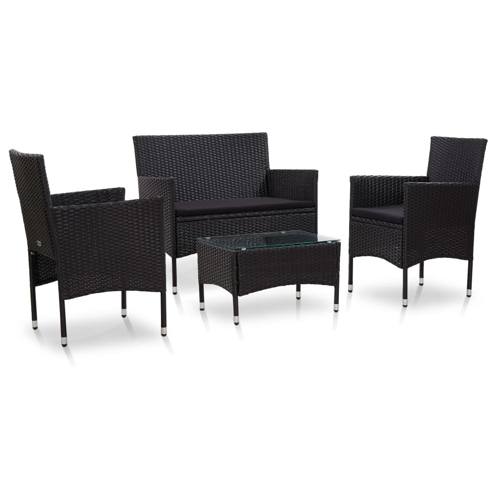 JUNG Vida 4-tlg. Garten-Lounge-Set mit Auflagen Poly Rattan Schwarz