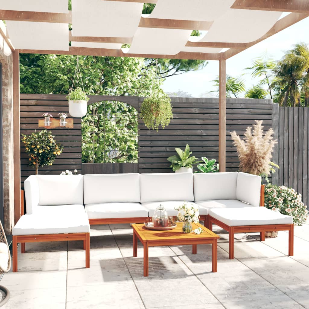 JUNG Vida 7-tlg. Garten-Lounge-Set mit Kissen Cremefarbenes Holz Akazie & Seil
