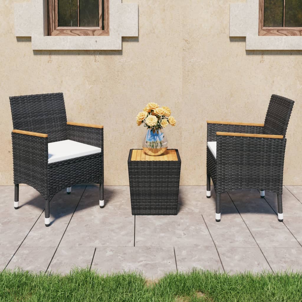JUNG Vida 3-tlg. Bistro-Set Poly Rattan und Akazienholz Schwarz