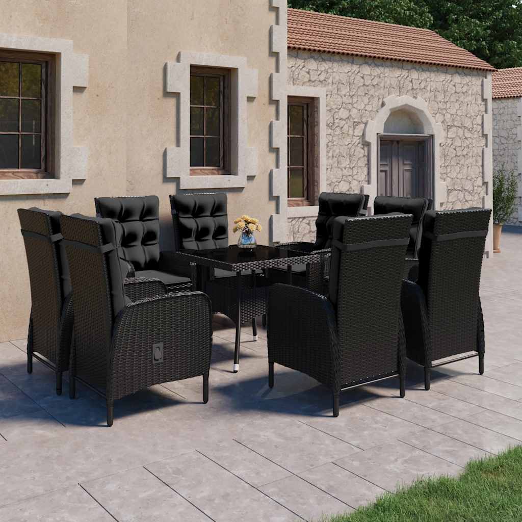 JUNG Vida 9-tlg. Garten-Essgruppe Poly Rattan und Glas Schwarz
