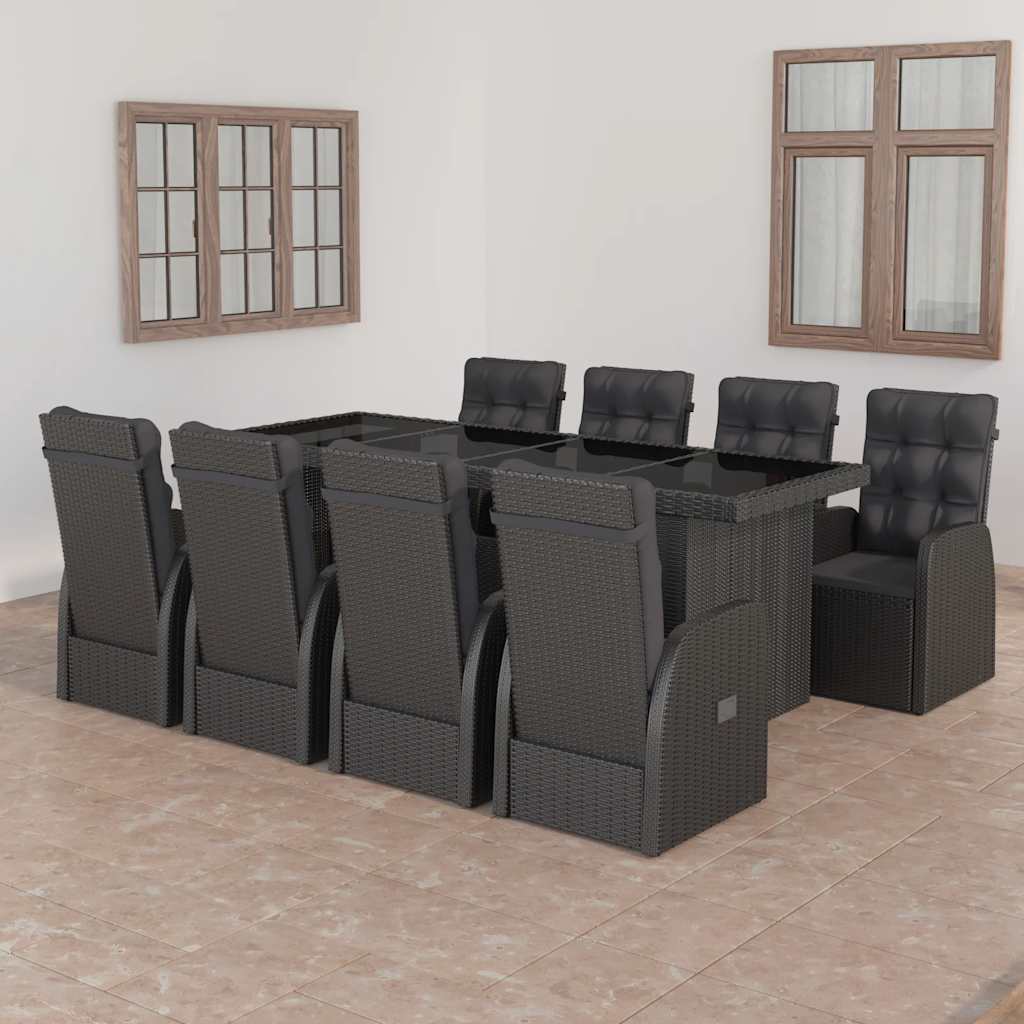 JUNG Vida 9-tlg. Garten-Essgruppe mit Kissen Poly Rattan Schwarz