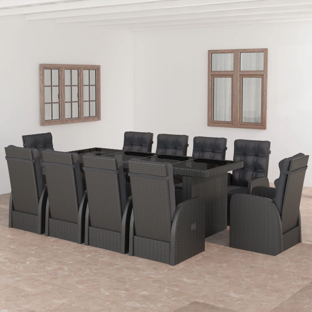 JUNG Vida 11-tlg. Garten-Essgruppe mit Kissen Poly Rattan Schwarz