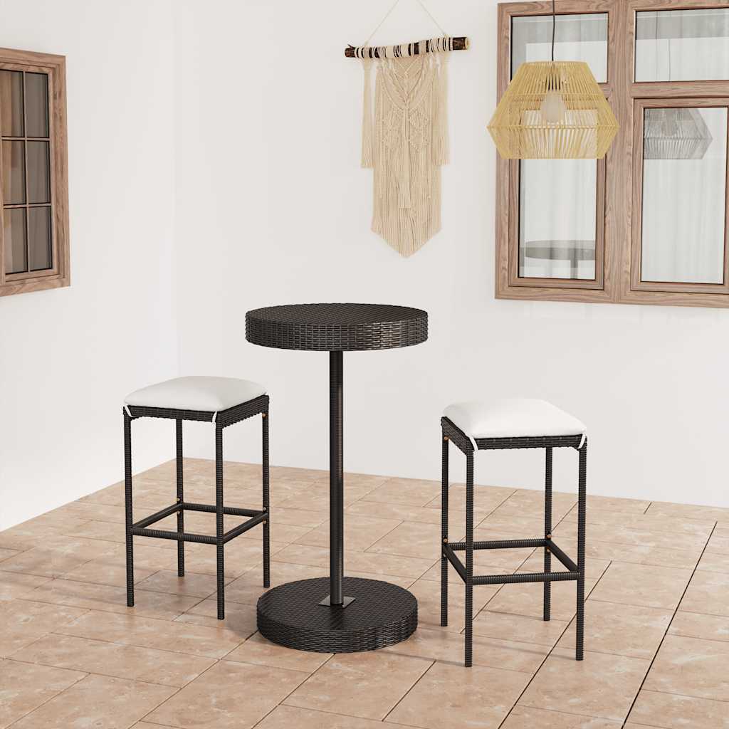 JUNG Vida 3-tlg. Gartenbar-Set mit Kissen Poly Rattan Schwarz